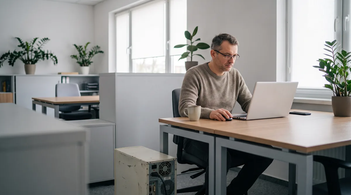 Przedsiębiorca pracuje na laptopie, obok odłączony stary komputer z programem do faktur